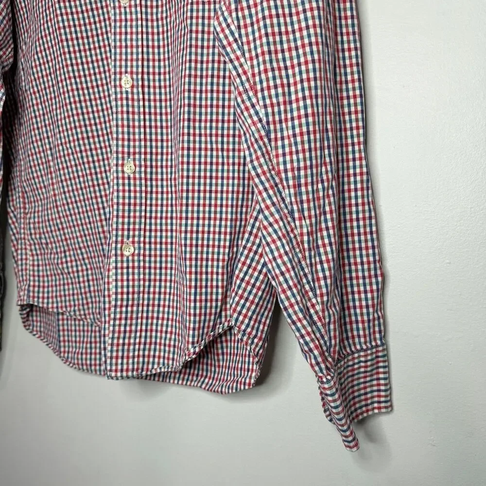 J. Crew Red, White, & Blue Gingham Cotton Slim Button Up Dress Shirt Medium